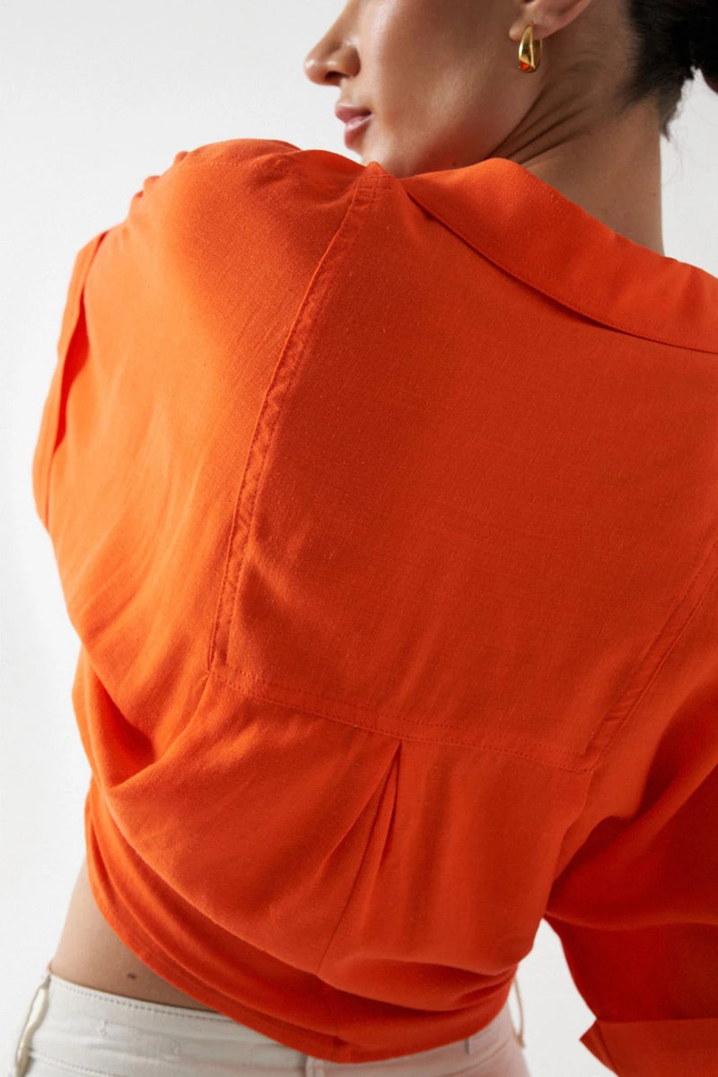 Knot Front Linen Shirt - Orange