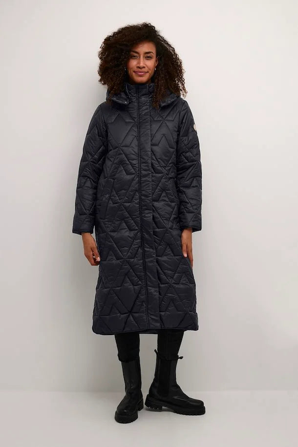 Cream Gaiagro Long Quilted Jacket - Blue Black