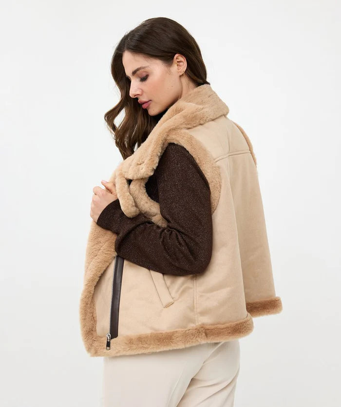 Suedine/Fake Fur Gilet - Sand