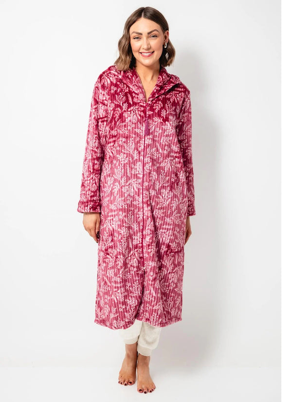 Floral Fleece Zipper Robe - Dusky Pink