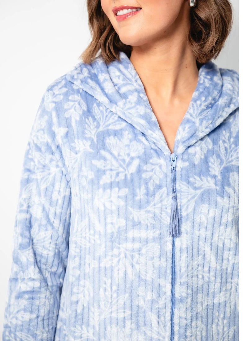 Floral Fleece Zipper Robe - Dusky Blue