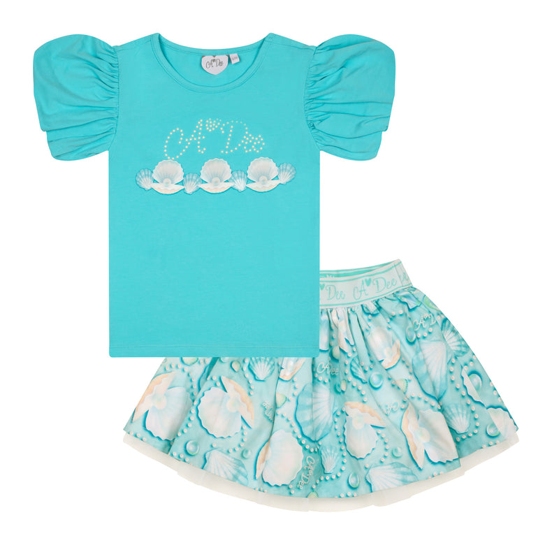 Olive Pearl Print Skirt Set - Aruba Blue