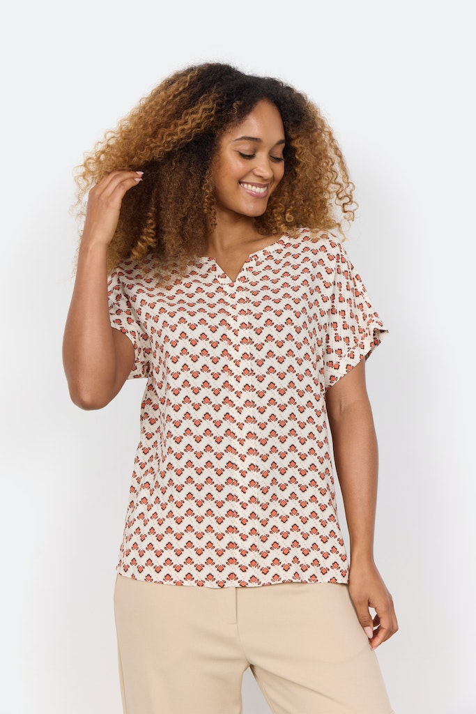 Dorella 1 Split Neck Print Blouse - Dusty Clay Combi