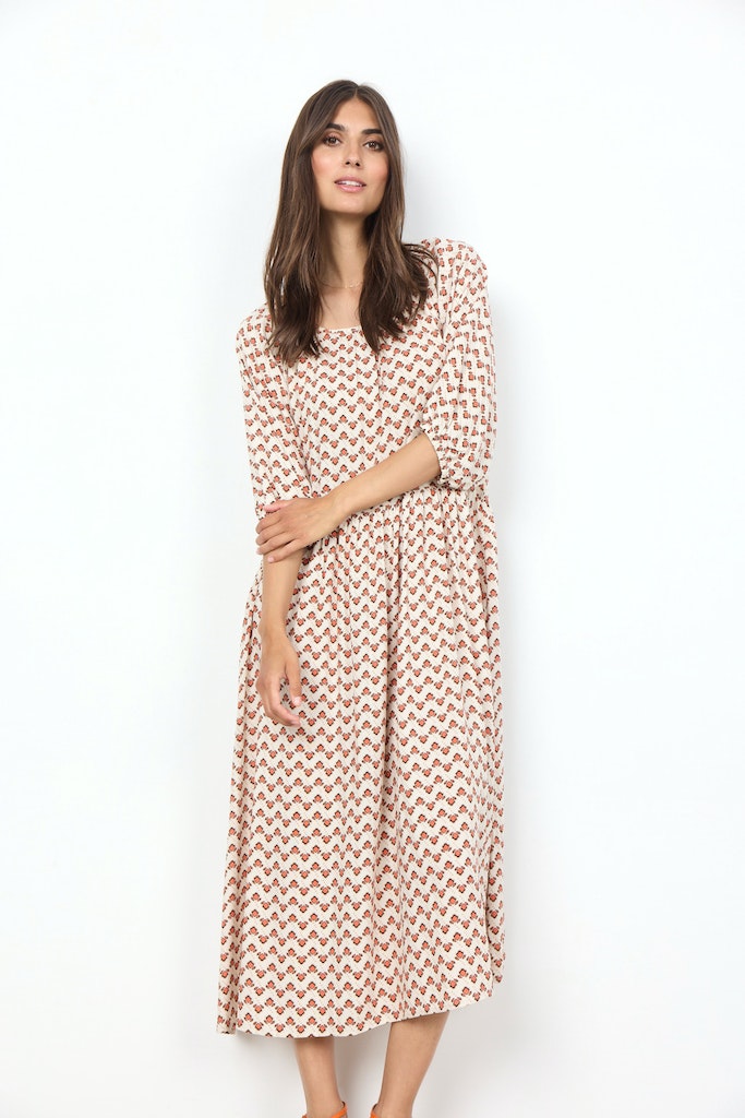 Dorella 3 Round Neck Print Dress - Dusty Clay Combi