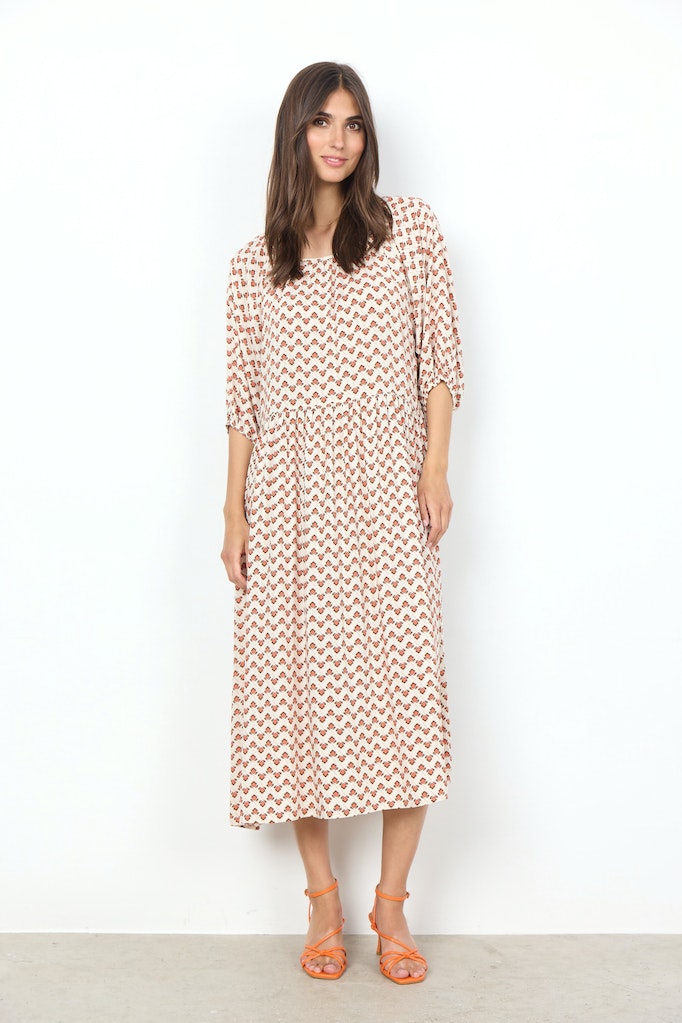 Dorella 3 Round Neck Print Dress - Dusty Clay Combi