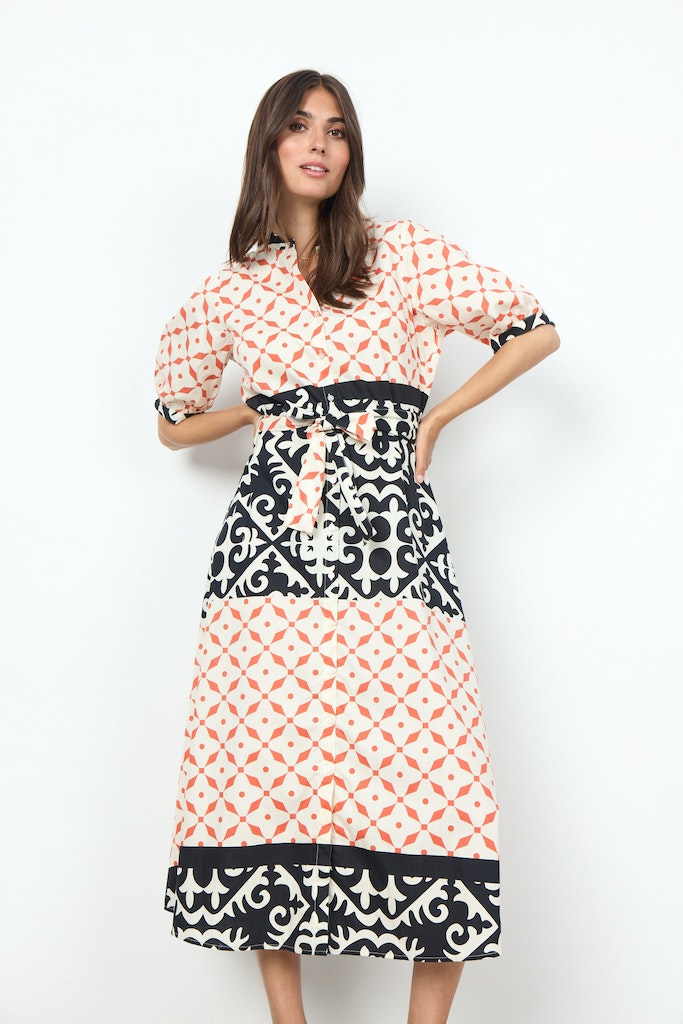 Dinna3 SplitNeck Print Dress - Dusty Clay Combi