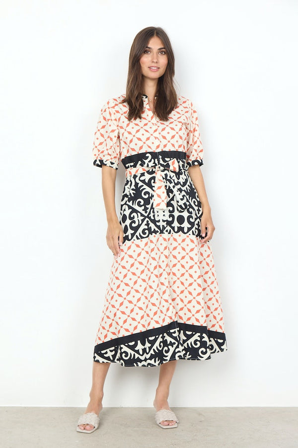 Dinna3 SplitNeck Print Dress - Dusty Clay Combi