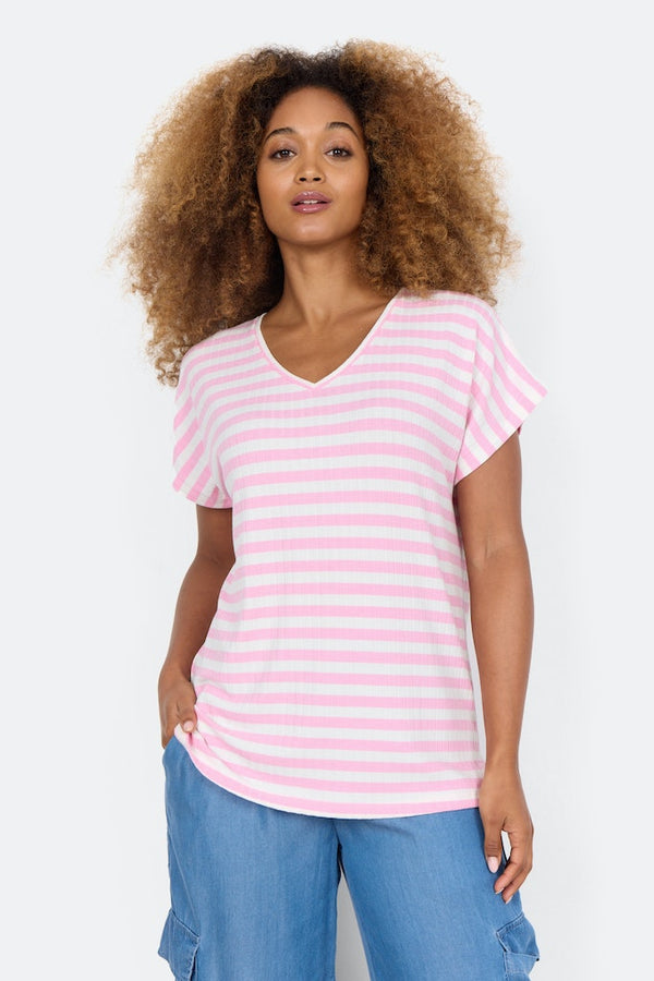 Kaiza3 V Neck Stripe T-Shirt - Pink Combi