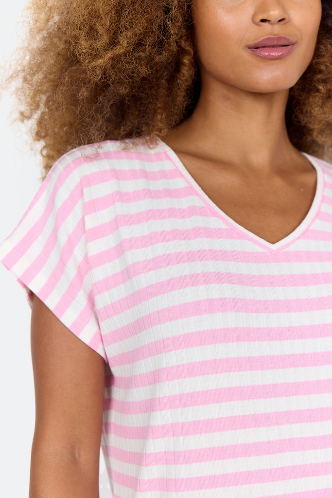 Kaiza3 V Neck Stripe T-Shirt - Pink Combi