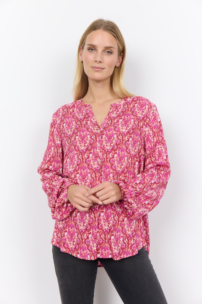 Dorte 2 Split Neck Print Blouse - Pink Combi