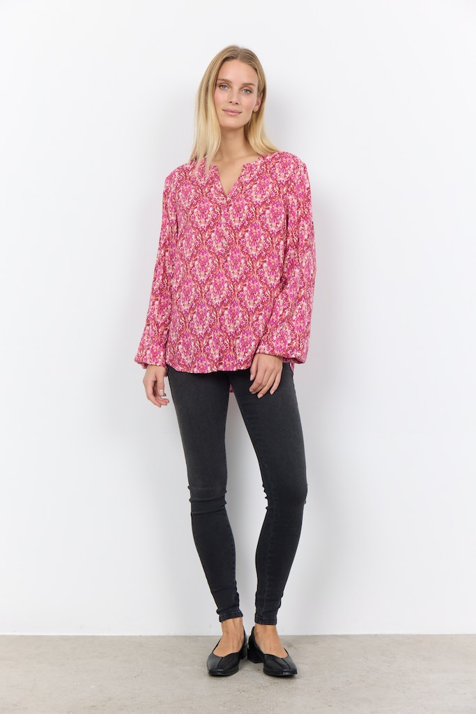 Dorte 2 Split Neck Print Blouse - Pink Combi