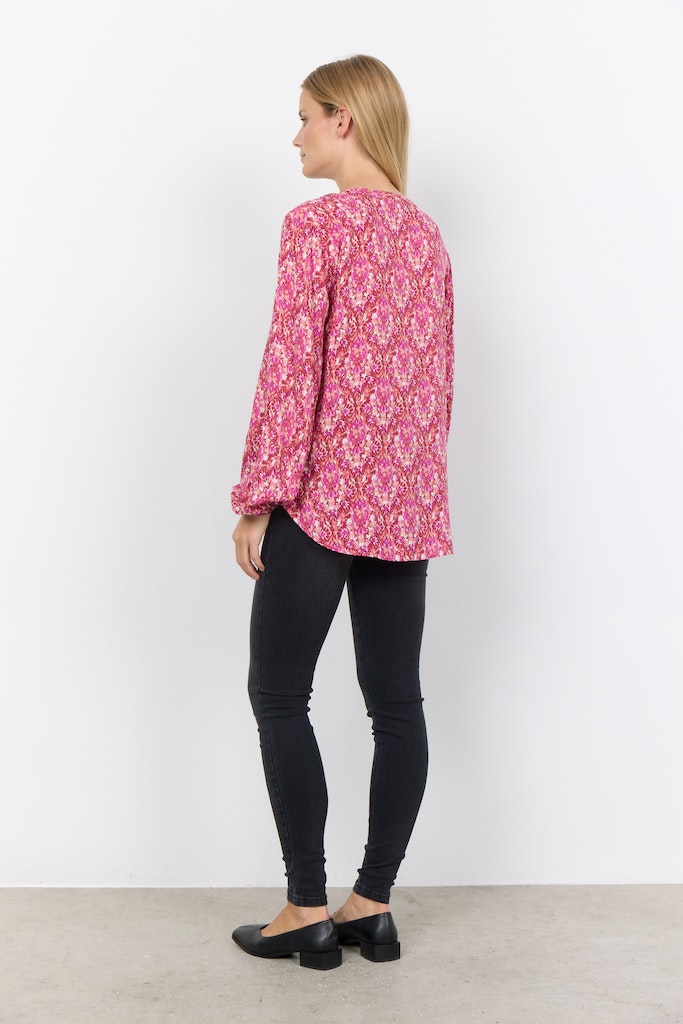 Dorte 2 Split Neck Print Blouse - Pink Combi