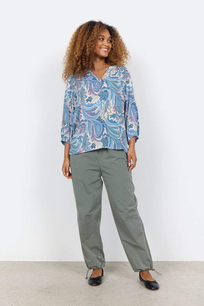 Donia1 V Neck Paisley Print Blouse - Crystal Blue Combi