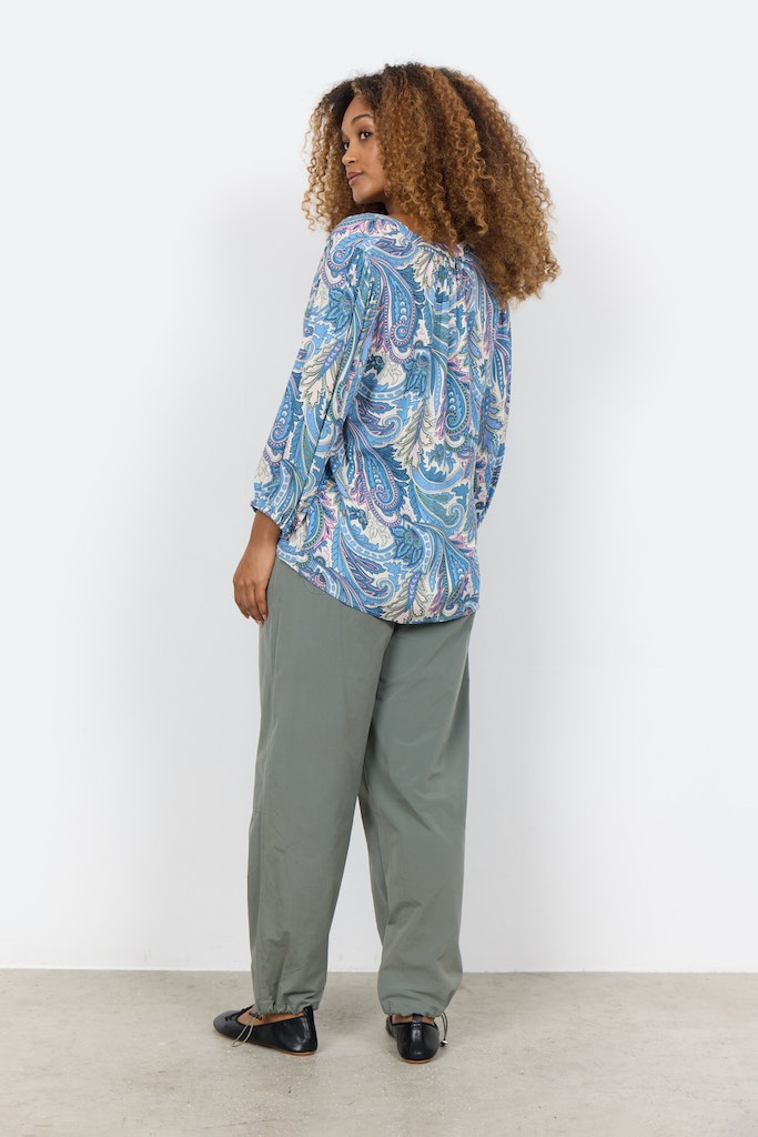 Donia1 V Neck Paisley Print Blouse - Crystal Blue Combi