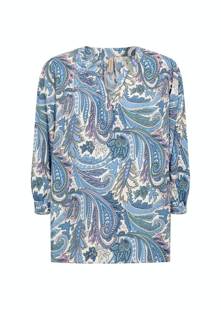 Donia1 V Neck Paisley Print Blouse - Crystal Blue Combi