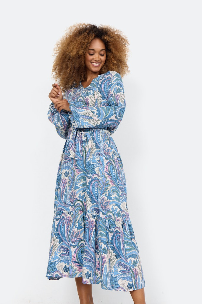 Donia 3 V Neck Paisley Print Dress - Crystal Blue Combi