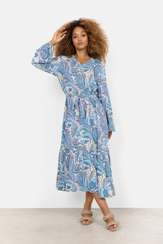 Donia 3 V Neck Paisley Print Dress - Crystal Blue Combi