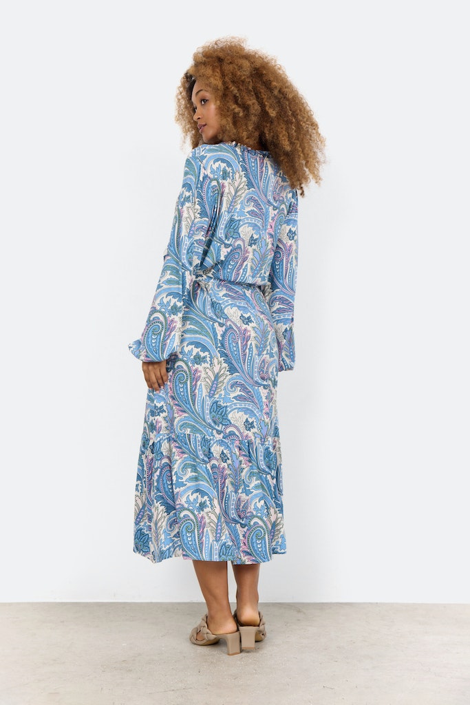 Donia 3 V Neck Paisley Print Dress - Crystal Blue Combi