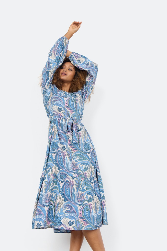 Donia 3 V Neck Paisley Print Dress - Crystal Blue Combi