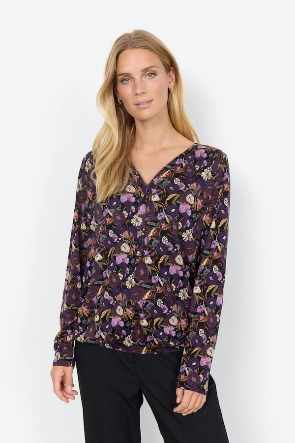 Split Neck Print Blouse - Dark Grape