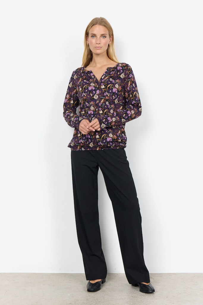 Split Neck Print Blouse - Dark Grape