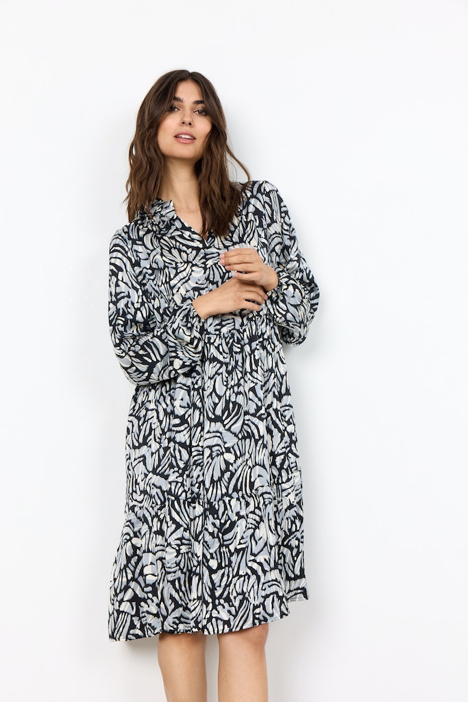 Vian Split Neck Print Dress - Stone Grey