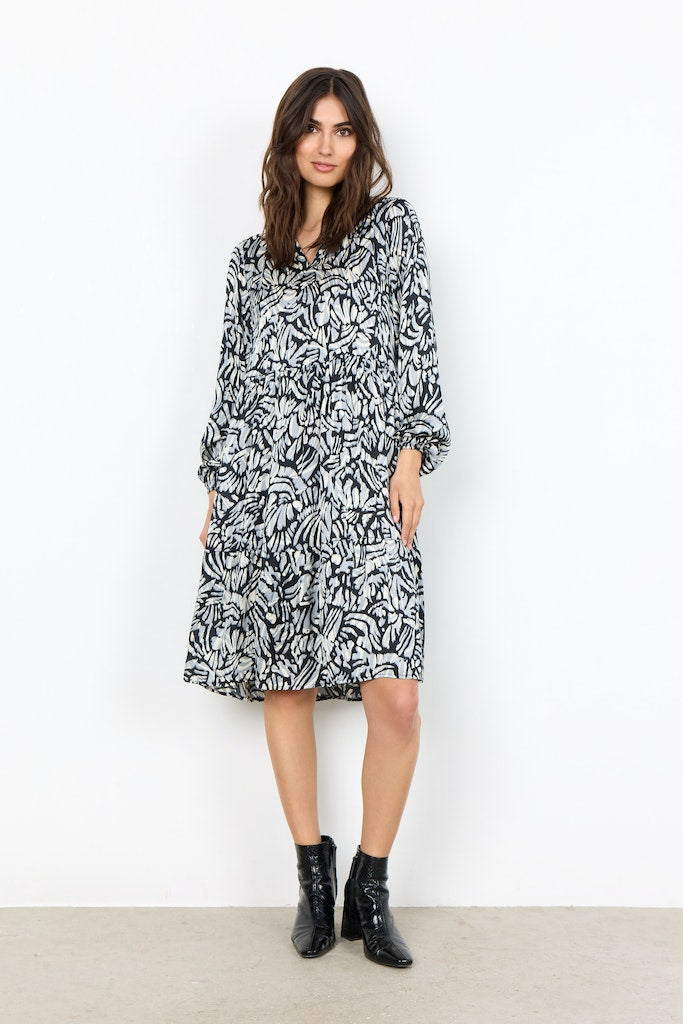 Vian Split Neck Print Dress - Stone Grey