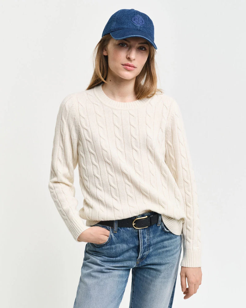 Lambswool Cable Round Neck Jumper - Cream