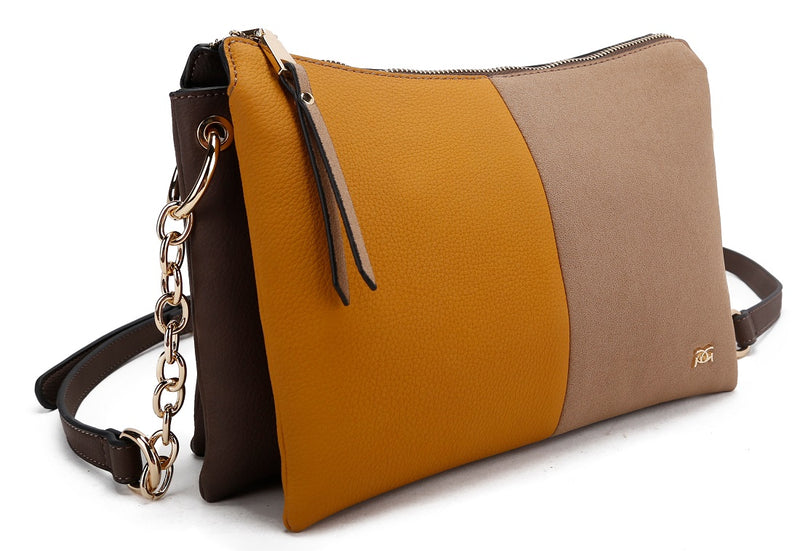 Dual Gusset Colour Block Handbag - Brown Mustard