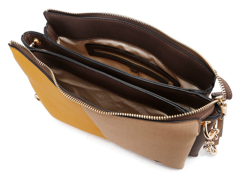 Dual Gusset Colour Block Handbag - Brown Mustard