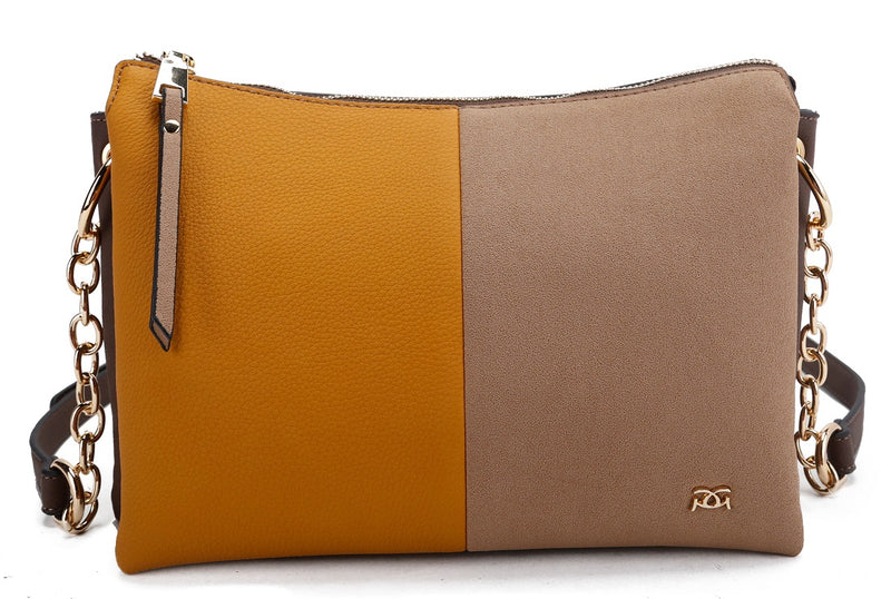 Dual Gusset Colour Block Handbag - Brown Mustard