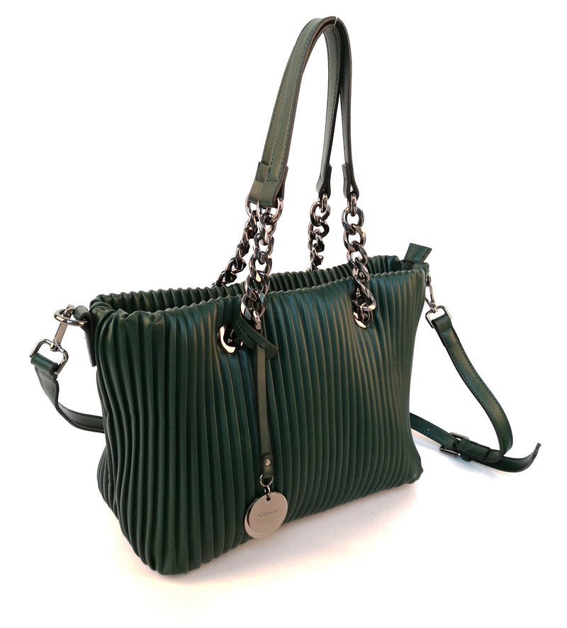 Ribbed Double Chain Handle Tote Bag - Green