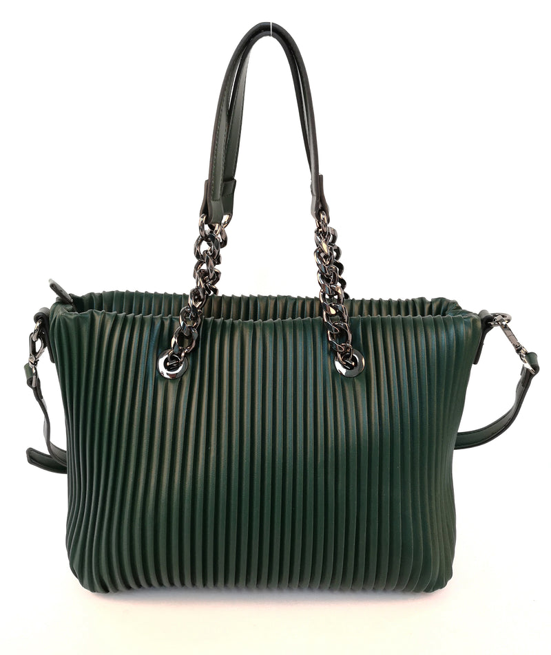 Ribbed Double Chain Handle Tote Bag - Green