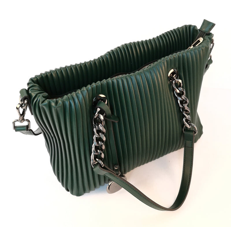 Ribbed Double Chain Handle Tote Bag - Green