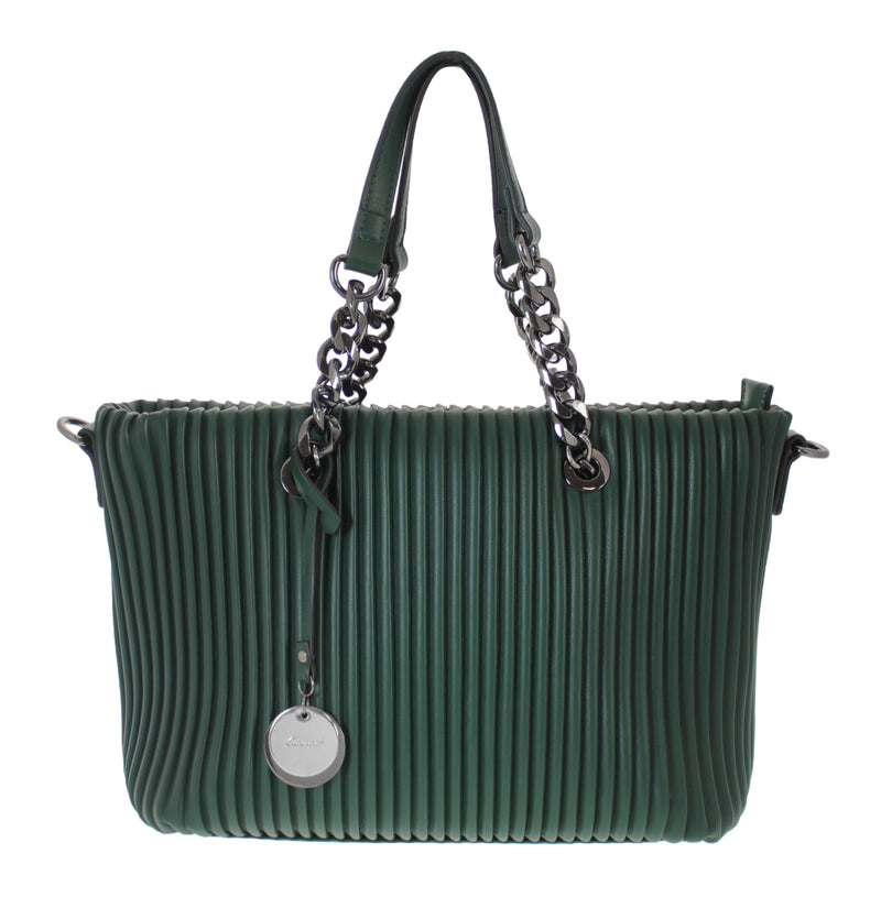 Ribbed Double Chain Handle Tote Bag - Green