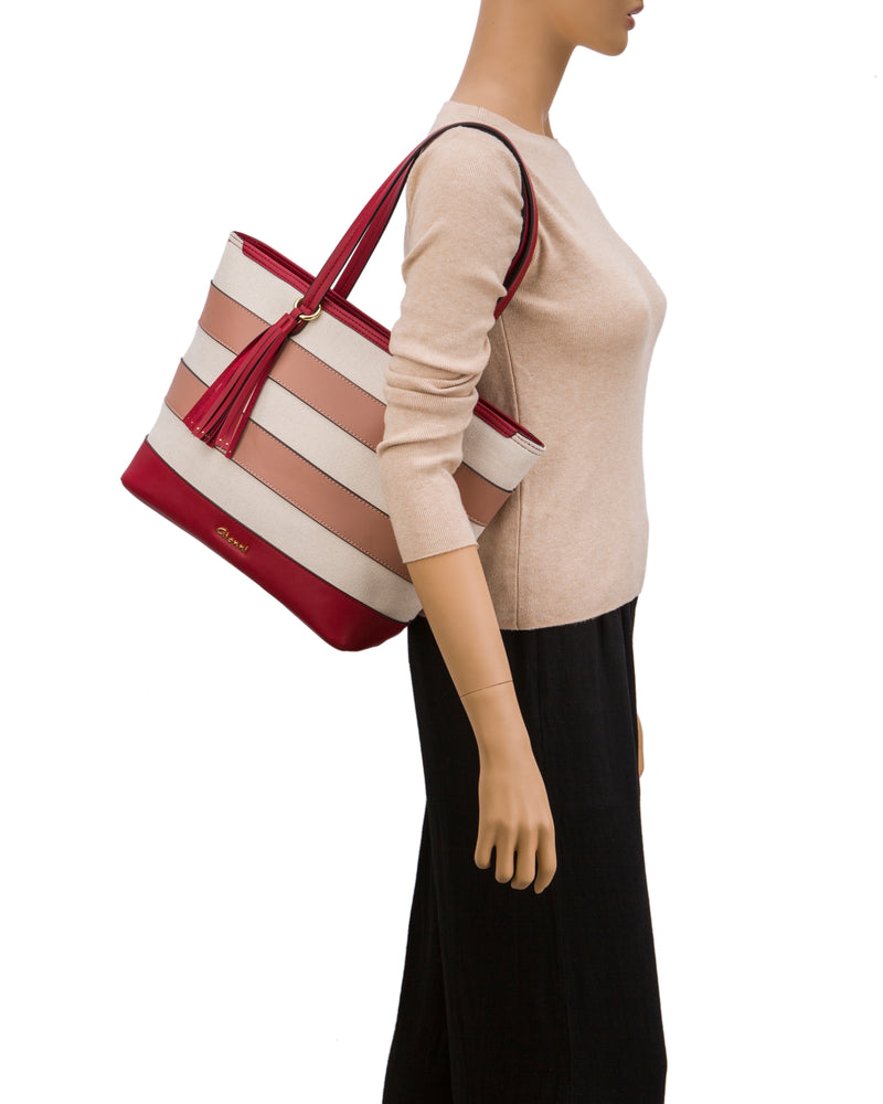 Cancun Striped Canvas Tote - Red/rose