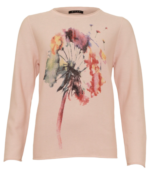 Floral Motive Round Neck Jumper - Soft Rose