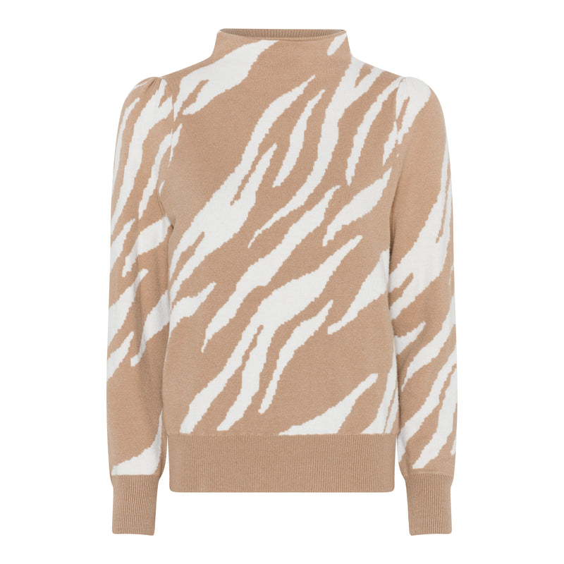 Zebra Print High Neck Jumper - Camel/offwhite