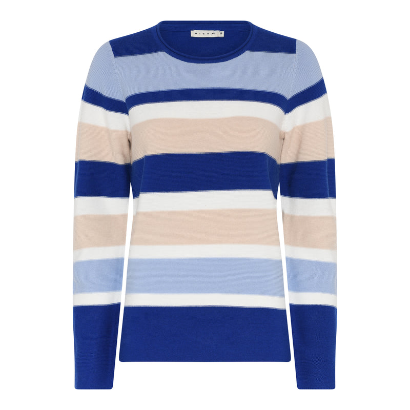 Round Neck Stripe Jumper - Regatta Blue/sand