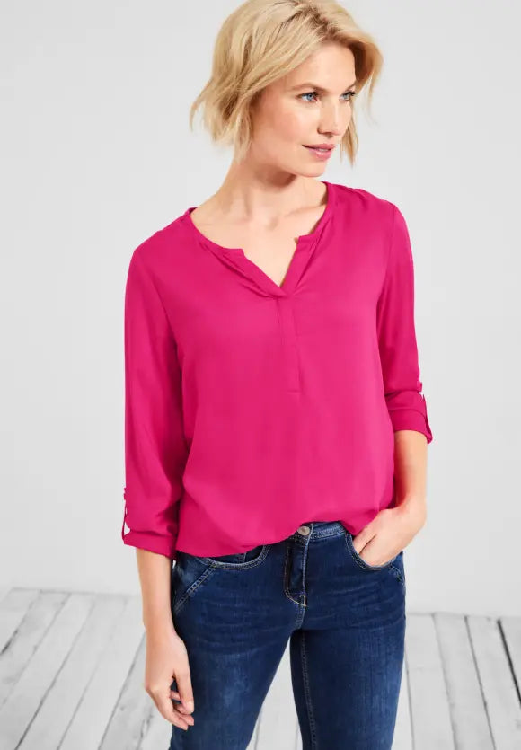 Solid Split Neck Blouse - Fresh Pink