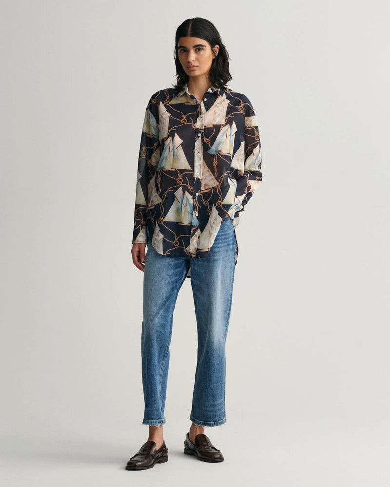 Sailing Print Cotton/Silk Shirt - Evening Blue