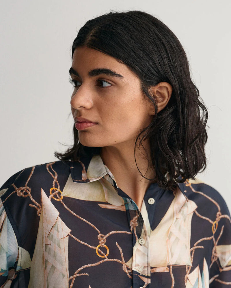 Sailing Print Cotton/Silk Shirt - Evening Blue