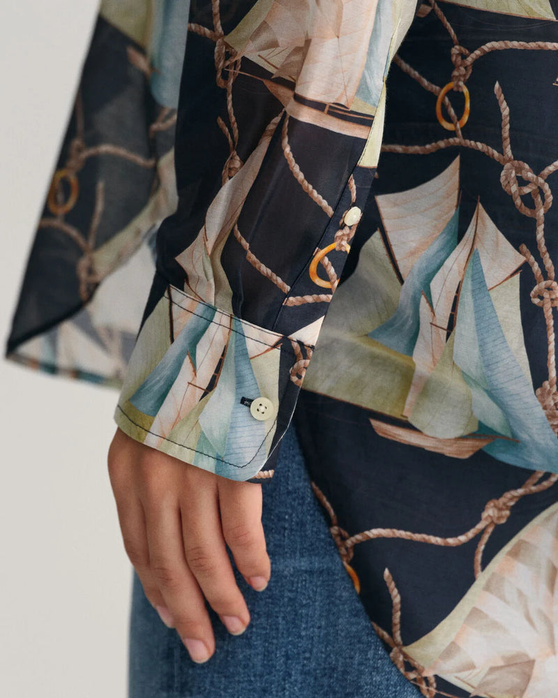 Sailing Print Cotton/Silk Shirt - Evening Blue