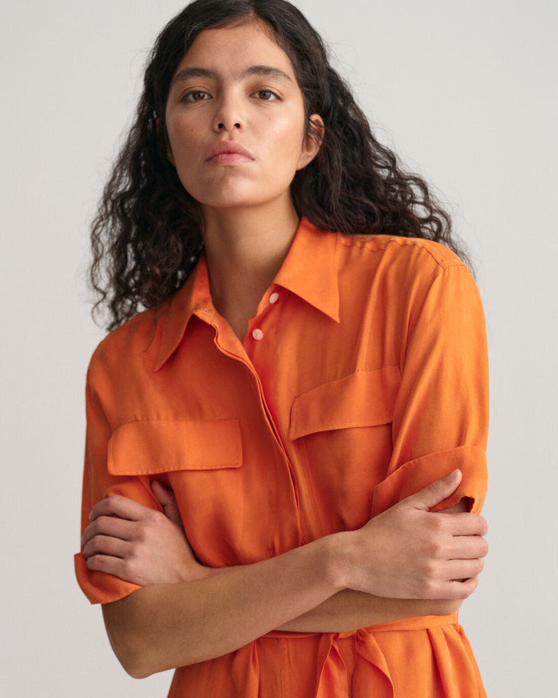 Flap Pocket Shirt Dress - Pumpkin Orange