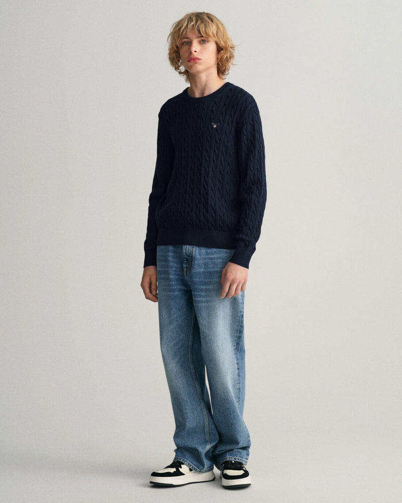 Cotton Cable Round Neck Jumper - Evening Blue