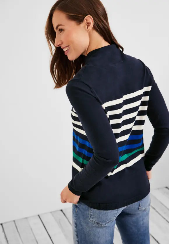 Stripe Volume Collar Jumper - Deep Blue