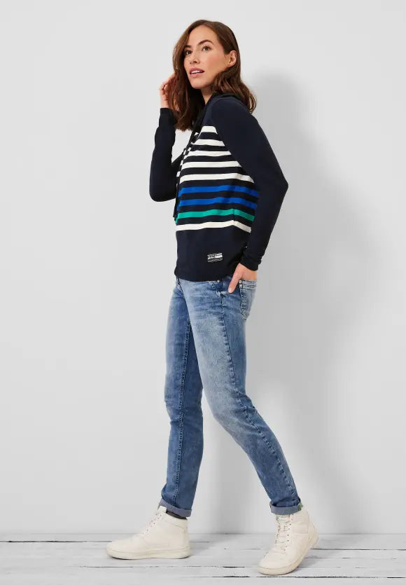 Stripe Volume Collar Jumper - Deep Blue