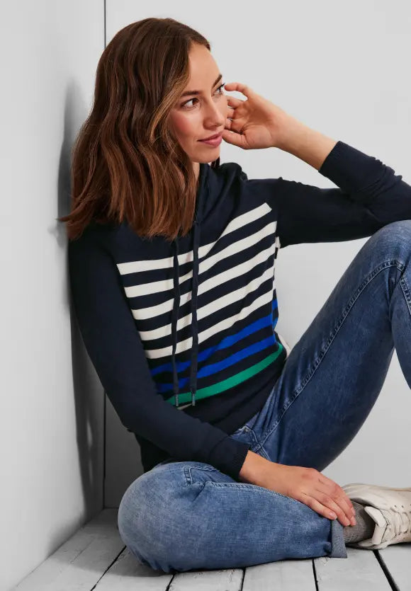 Stripe Volume Collar Jumper - Deep Blue