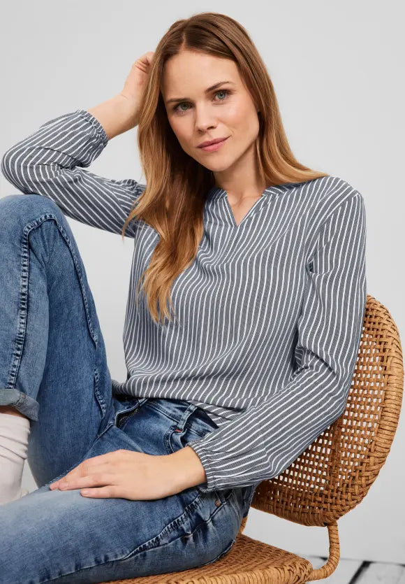 Stripe Split Neck Blouse - Deep Blue