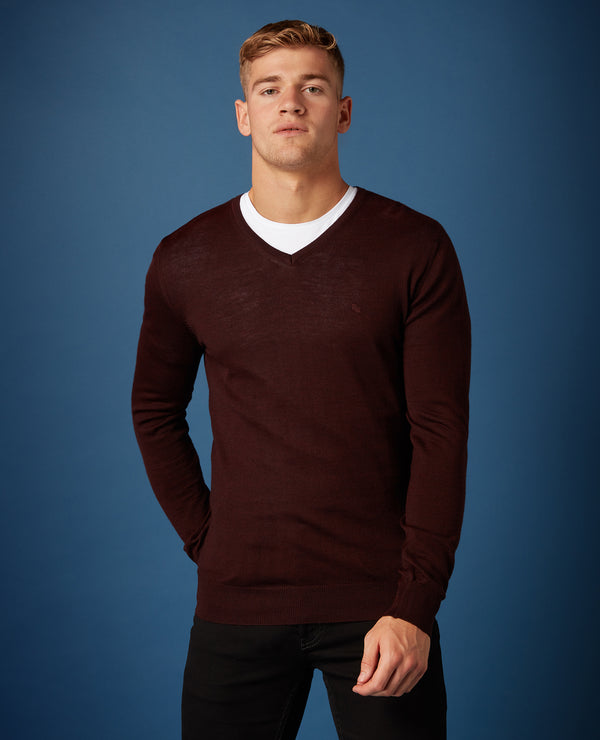 Plain V-Neck Sweater - Wine